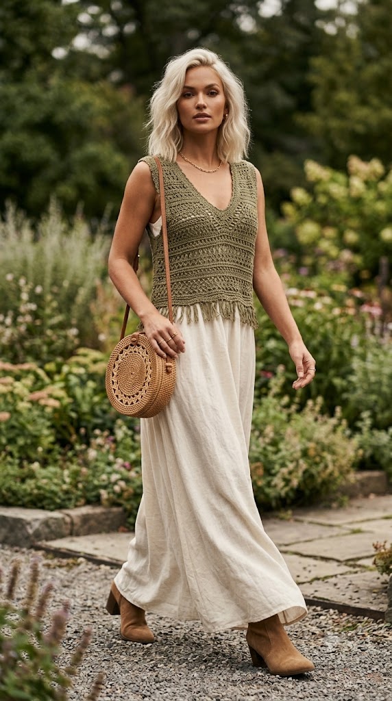 Olive Green Crochet Vest with Linen Maxi Dress